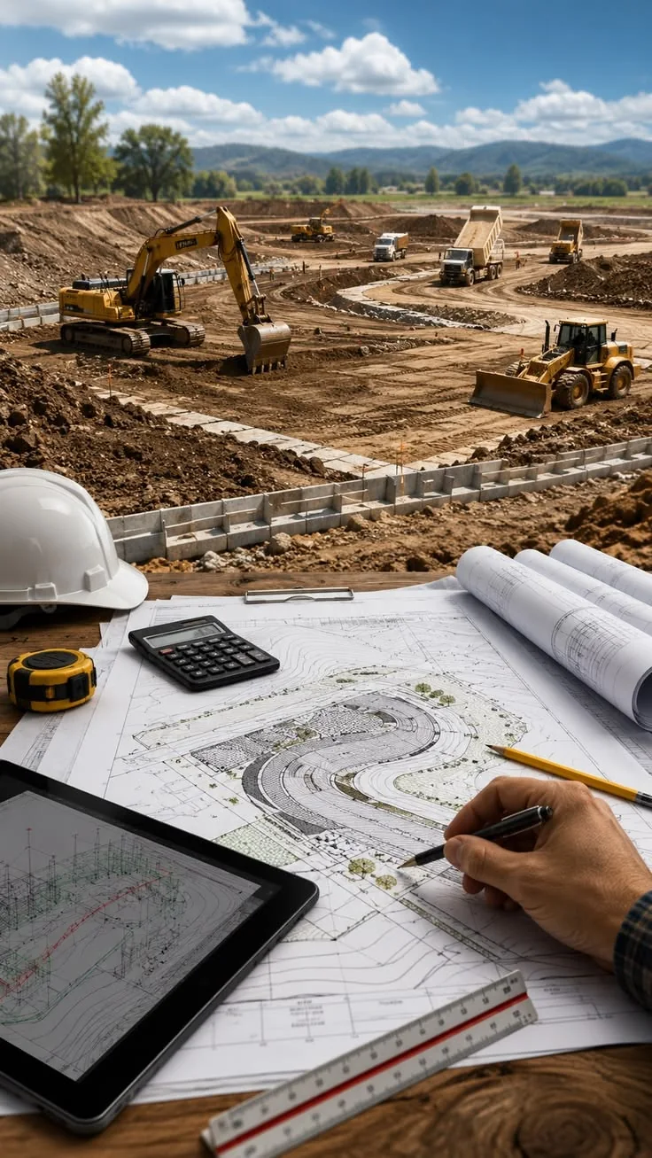 Vista de canteiro de obras com planejamento e maquinário